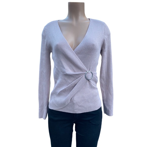 INC International Concepts Women's Pink Metallic-Knit Faux-Wrap Sweater L - Picture 4 of 8